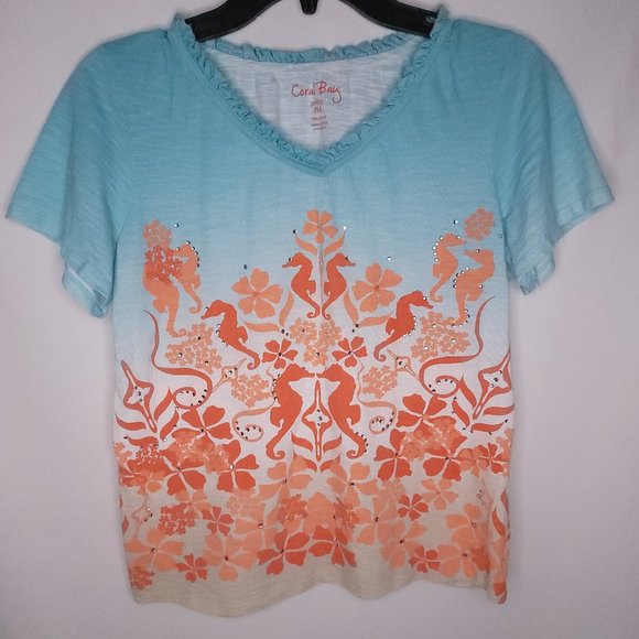 Coral Bay Tops Womens Petite Medium Coral Bay Tshirt Seahorse